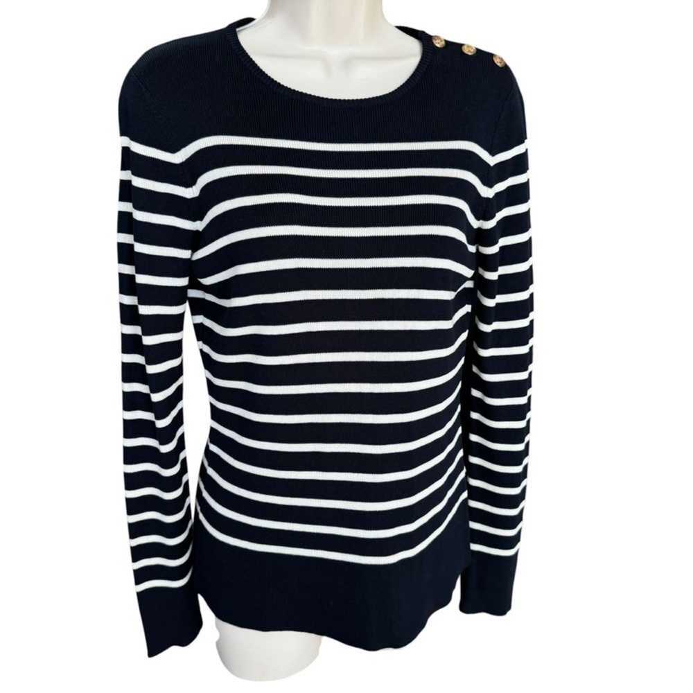 Lauren Ralph Lauren M Navy Blue White Stripe Silk Gold Buttons Nautical Preppy